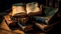 Old books on a table with one book open. Generative AI Royalty Free Stock Photo