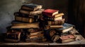 Old books on a table with one book open. Generative AI Royalty Free Stock Photo