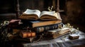 Old books on a table with one book open. Generative AI Royalty Free Stock Photo