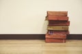 Old books on a wooden floor - Book stack in the library room for business and education wall background , back to school concept Royalty Free Stock Photo