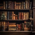 Old bookshelf with old books in a library. Vintage style Royalty Free Stock Photo