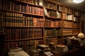 Old bookshelves in the library of the University of Cambridge, England, So many vintage law books on a huge bookshelf, AI Royalty Free Stock Photo