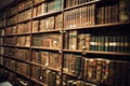 Old bookshelves in a library. Vintage style toned picture, So many vintage law books on a huge bookshelf, AI Generated