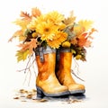 Old boots with autumn leaves, autumn watercolor floral shoe illustration.