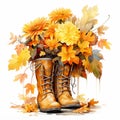 Old boots with autumn leaves, autumn watercolor floral shoe illustration. Royalty Free Stock Photo