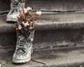 Old boots with flowers on stairs Royalty Free Stock Photo