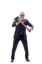 Old businessman holding hatchet isolated on white Royalty Free Stock Photo