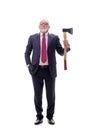 Old businessman holding hatchet isolated on white Royalty Free Stock Photo