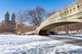 The Bow Bridge at Central Park with No People Over the Lake Covered with Snow in New York City Royalty Free Stock Photo