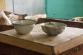 Old Bowl and Strainer on Wood Crate