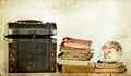 Old box, vintage books and globe earth Royalty Free Stock Photo