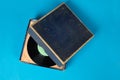 Old box with vinyl records, collection. Vintage Vinyl records singles