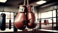 old boxing gloves hanging on the background of a boxing gym Royalty Free Stock Photo