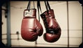 old boxing gloves hanging on the background of a boxing gym Royalty Free Stock Photo