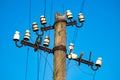 Old braided telephone wires on a wooden pole. Telecommunications infrastructure destroyed Royalty Free Stock Photo