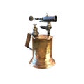 Old brass blow torch with wooden handle and bronze nozzle 3d illustration