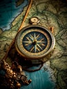 Old brass compass on ancient map - AI Generated