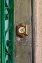 Old brass doorbell on a house door