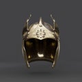 Old brass medieval knight helmet. From front view ancient warrior armor crash helmet, 3d rendering Royalty Free Stock Photo
