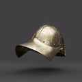 Old brass medieval knight helmet. From side view ancient warrior armor crash helmet, 3d rendering Royalty Free Stock Photo