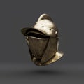 Old brass medieval knight helmet. From side view ancient warrior armor crash helmet, 3d rendering Royalty Free Stock Photo