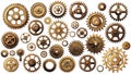 Old brass metal gears.Vintage bronze metallic cogwheels isolated on white, retro style separated gearwheels Royalty Free Stock Photo