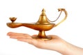 Old brass oil lamp on the hand Royalty Free Stock Photo