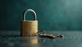 Old brass padlock and two keys sit on a dark reflective surface. Object represents unlocking potential, access, and secured Royalty Free Stock Photo