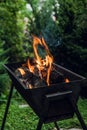 Old brazier with burning firewood on the backyard Royalty Free Stock Photo