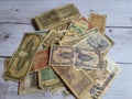 Old Brazil banknotes, out of circulation, obsolete, on a wooden table,