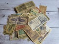 Old Brazil banknotes, out of circulation, obsolete, on a wooden table,