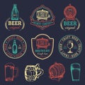 Old brewery logos set. Kraft beer retro images with hand sketched glass, barrel etc. Vector vintage labels or badges. Royalty Free Stock Photo