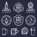 Old brewery logos set. Kraft beer retro images with hand sketched glass, barrel etc. Vector vintage labels or badges. Royalty Free Stock Photo