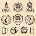 Old brewery logos set. Kraft beer retro images with hand sketched glass, barrel etc. Vector vintage labels or badges. Royalty Free Stock Photo