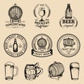 Old brewery logos set. Kraft beer retro images with hand sketched glass, barrel etc. Vector vintage labels or badges. Royalty Free Stock Photo