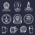 Old brewery logos set. Kraft beer retro images with hand sketched glass, barrel etc. Vector vintage labels or badges. Royalty Free Stock Photo