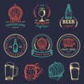 Old brewery logos set. Kraft beer retro images with hand sketched glass, barrel etc. Vector vintage labels or badges. Royalty Free Stock Photo