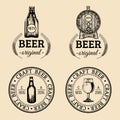 Old brewery logos set. Kraft beer retro signs with hand sketched glass, barrel, bottle etc. Vector lager, ale labels. Royalty Free Stock Photo