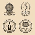 Old brewery logos set. Kraft beer retro signs with hand sketched glass, barrel, bottle etc. Vector lager, ale labels. Royalty Free Stock Photo