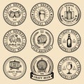 Old brewery logos set. Kraft beer retro signs with hand sketched glass, barrel, bottle etc. Vector lager, ale labels. Royalty Free Stock Photo