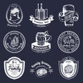 Old brewery logos set. Kraft beer retro signs with hand sketched glass, barrel etc. Vector homebrewing labels or badges.