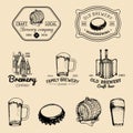 Old brewery logos set. Kraft beer retro signs with hand sketched glass, barrel etc. Vector vintage ale, lager labels. Royalty Free Stock Photo