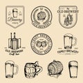 Old brewery logos set. Kraft beer retro signs with hand sketched glass, barrel etc. Vector vintage ale, lager labels. Royalty Free Stock Photo