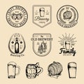 Old brewery logos set. Kraft beer retro signs with hand sketched glass, barrel etc. Vector vintage ale, lager labels. Royalty Free Stock Photo