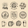 Old brewery logos set. Kraft beer retro signs with hand sketched glass, barrel etc. Vector vintage ale, lager labels. Royalty Free Stock Photo