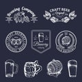 Old brewery logos set. Kraft beer retro signs with hand sketched glass, barrel etc. Vector vintage ale, lager labels. Royalty Free Stock Photo