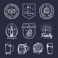 Old brewery logos set. Kraft beer retro signs with hand sketched glass, barrel etc. Vector vintage ale, lager labels. Royalty Free Stock Photo