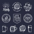 Old brewery logos set. Kraft beer retro signs with hand sketched glass, barrel etc. Vector vintage ale, lager labels. Royalty Free Stock Photo