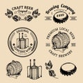 Old brewery logos set. Kraft beer retro signs with hand sketched glass, barrel etc. Vector vintage homebrewing badges. Royalty Free Stock Photo