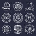 Old brewery logos set. Kraft beer retro signs or icons with hand sketched glass, barrel, mug etc. Vector vintage labels. Royalty Free Stock Photo